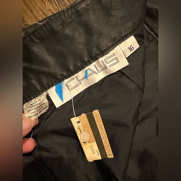 Vintage 80s CHAUS Black Leather High Waist Pencil Midi Skirt NWT Pleats L/XL - Picture 10 of 13